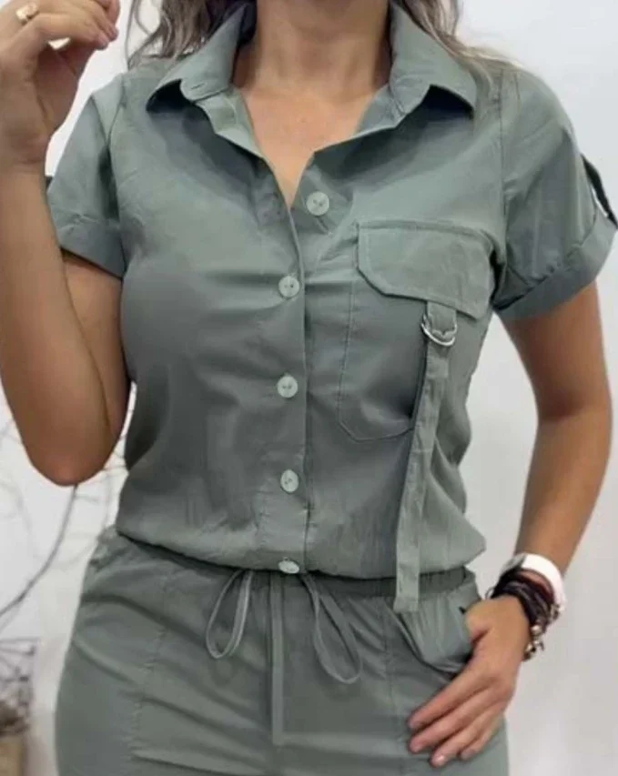 2 Piece Buttoned Womens Elegant Pant Sets Hort Sleeve Top & Drawstring Skinny New Trousers Two Suit Y2k Outfit 2024 Summer