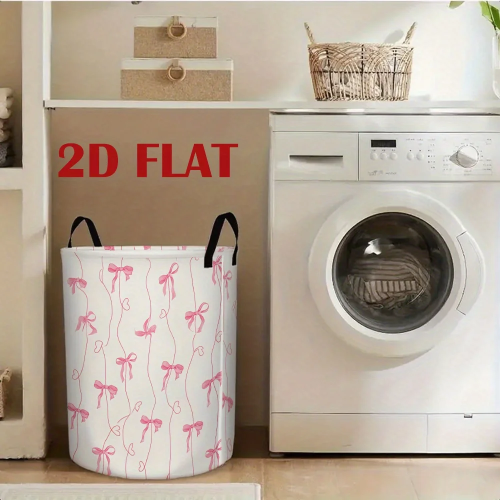 Pink Bow Heart Patterned Dirty Laundry Basket Made of Polyester, Ideal for Storage Portable And Foldable Large Capacity - view 3