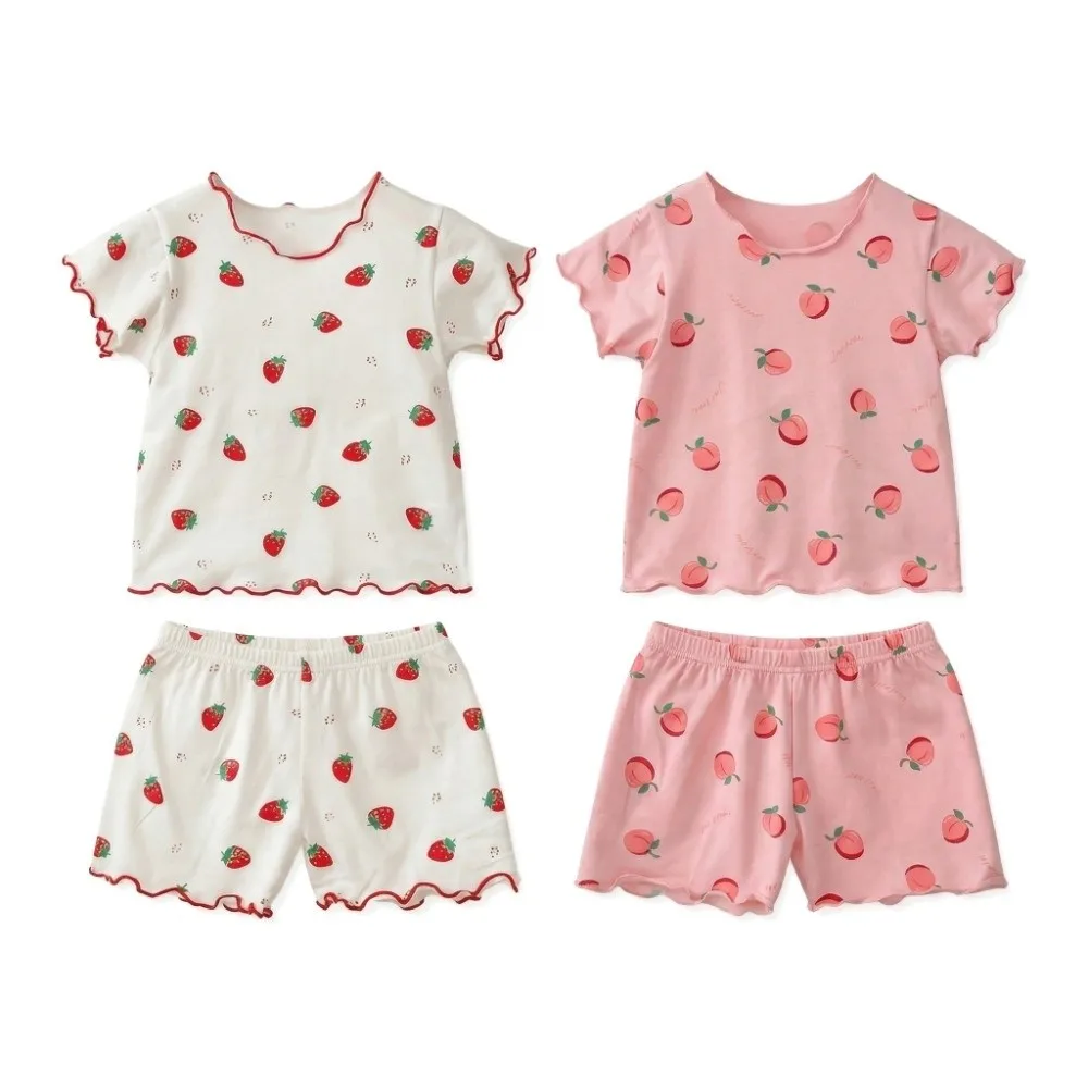 Strawberry Girls Pajama Set T-shirt and Shorts Breathable Short Sleeve Pajama Set Organic Cotton Soft Fabric Two Piece Pajamas