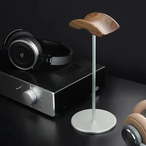 Imagen 2 del producto Soporte para auriculares de aluminio y madera de nogal negro, soporte para auriculares para juegos de nogal natural con Base de Metal sólido para exhibición de mesa y escritorio