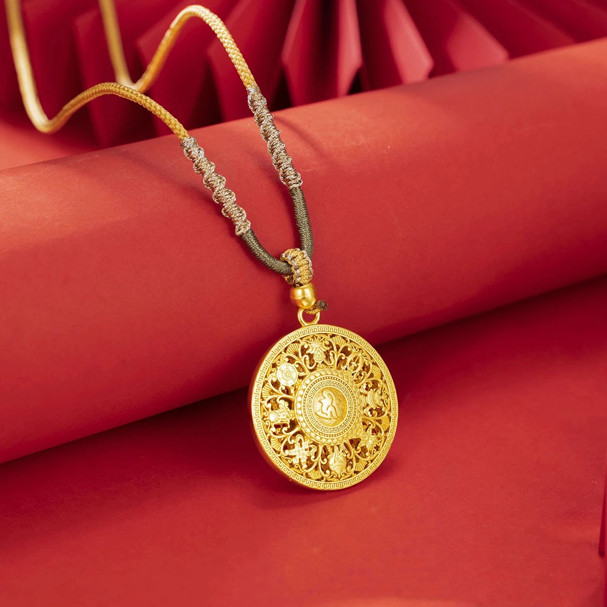 Fylia Jewelry  9999 24K real gold eight treasure compass pendant men and women necklace braided rope long sweater chain Chinese