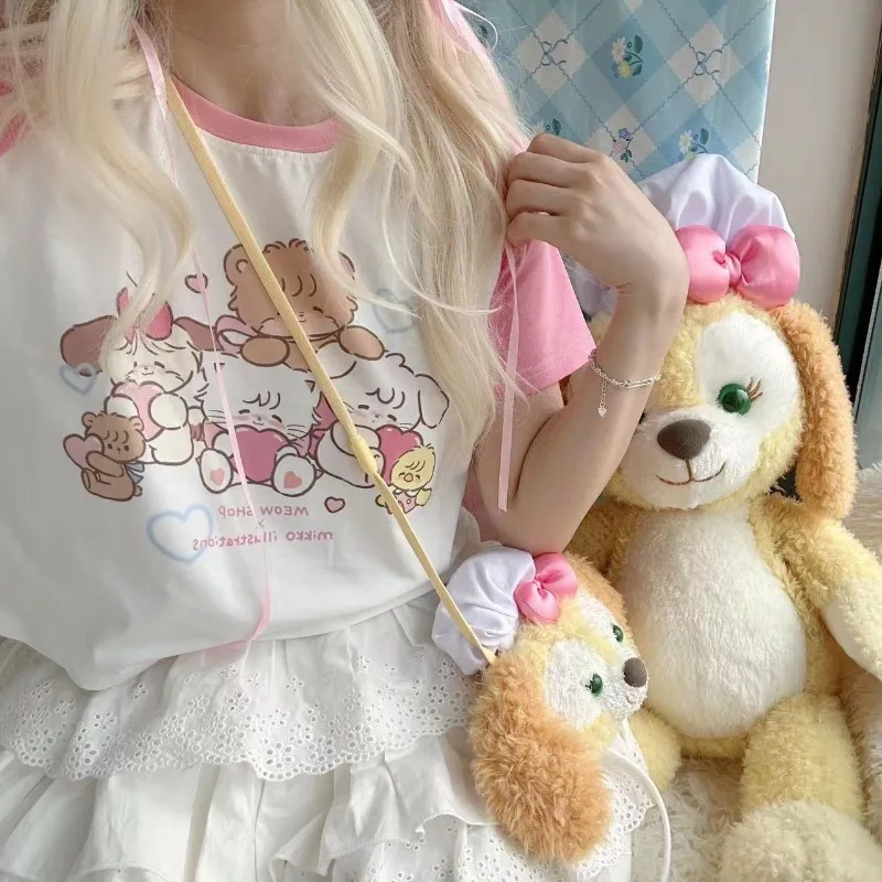 اليابانية Kawaii الكرتون المطبوعة قصيرة الأكمام تي شيرت الصيف جولة الرقبة الوردي الأبيض التباين تيز ثقافة فرعية لطيف عارضة قمم #1