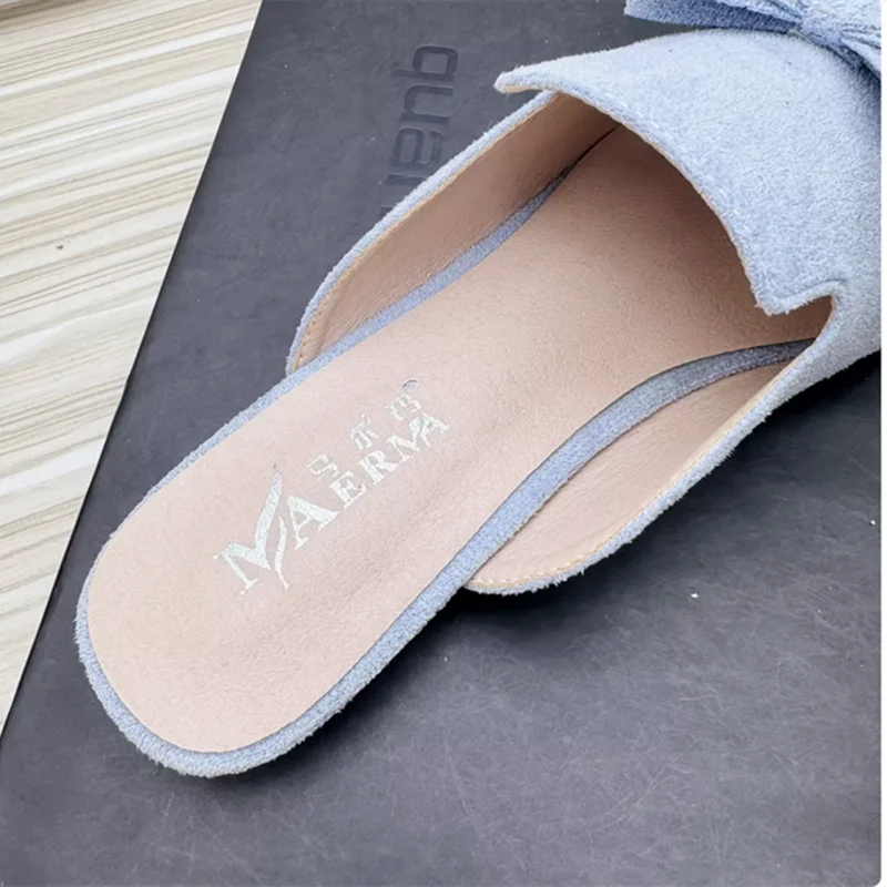 Women Designer Sweet Shoes Pointed Toe Flat Flock Cloth Half Slippers With Big Bow Yellow Rose Red Slide Mules No Heels 48 47 46