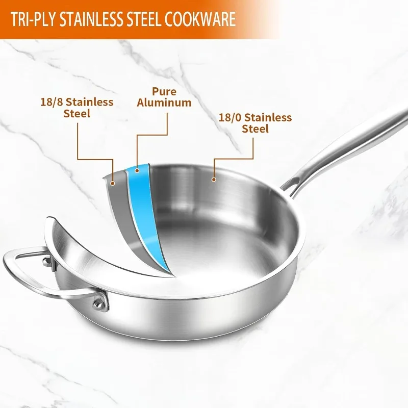 Tri-Ply Stainless Steel 10 Inch Frying Pan 3 Quart Saute Pan, Skillets Induction Compatible Chef Cooking Pan