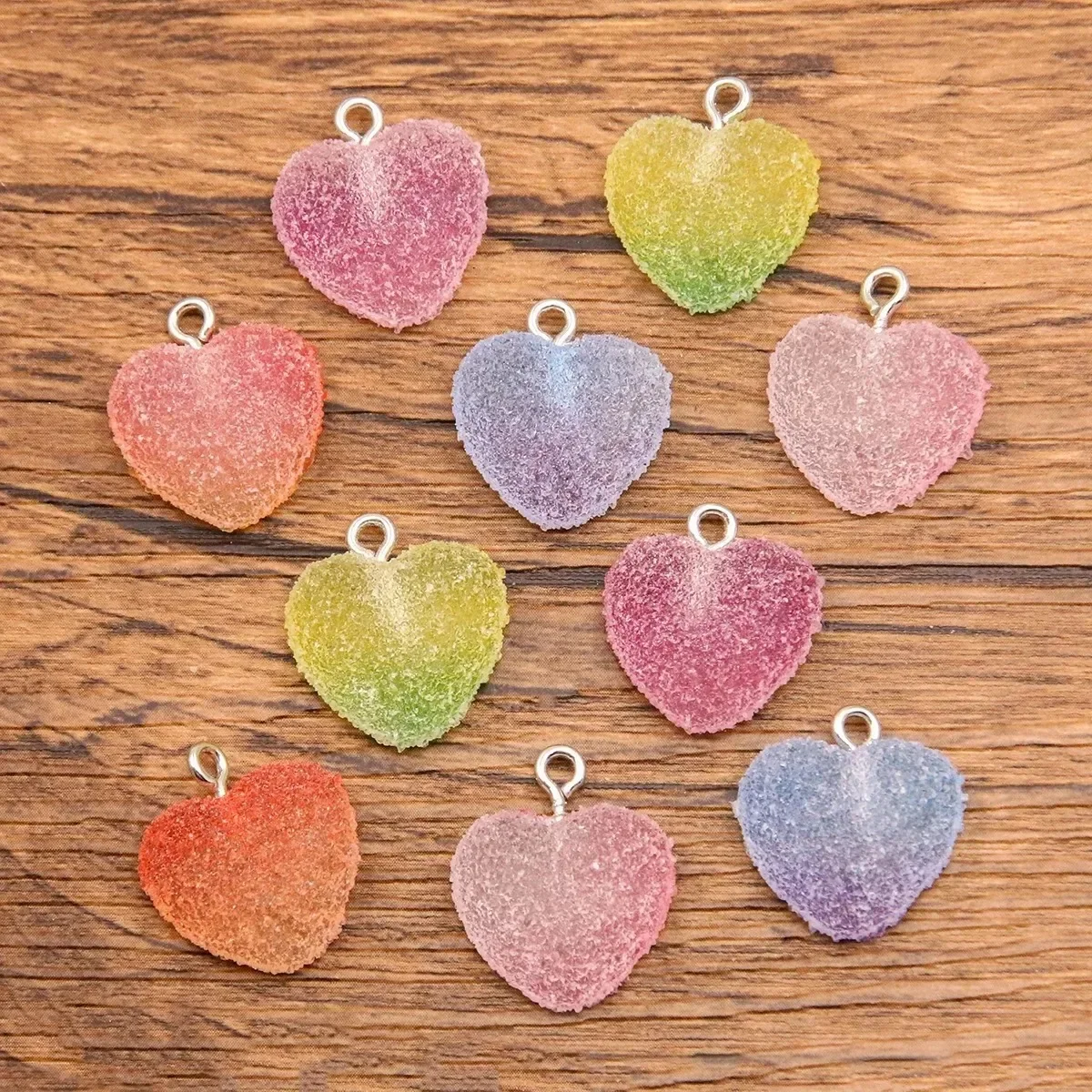 10Pcs Flat Cabochon Resin Charms 17*18mm Shiny Gummy Candy Heart 5 Colors Pendants For Handmade Keychain Jewelry Making