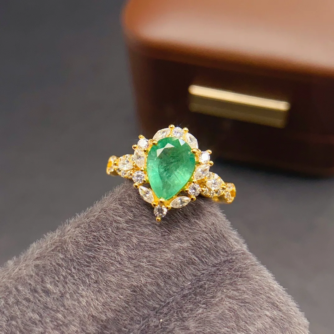 S925 Silver Natural Emerald Ring,7*9mm Pear Gem Zircon Halo Adjustable Women Statement Ring