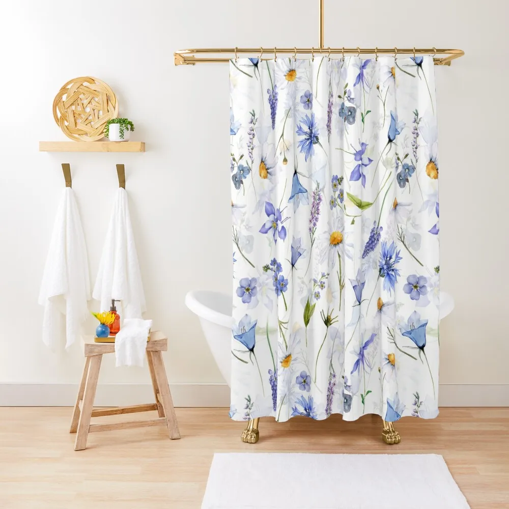 

Blue And White Midsummer Meadow Shower Curtain Bathroom Deco Washable Waterproof Fabric Shower Curtain