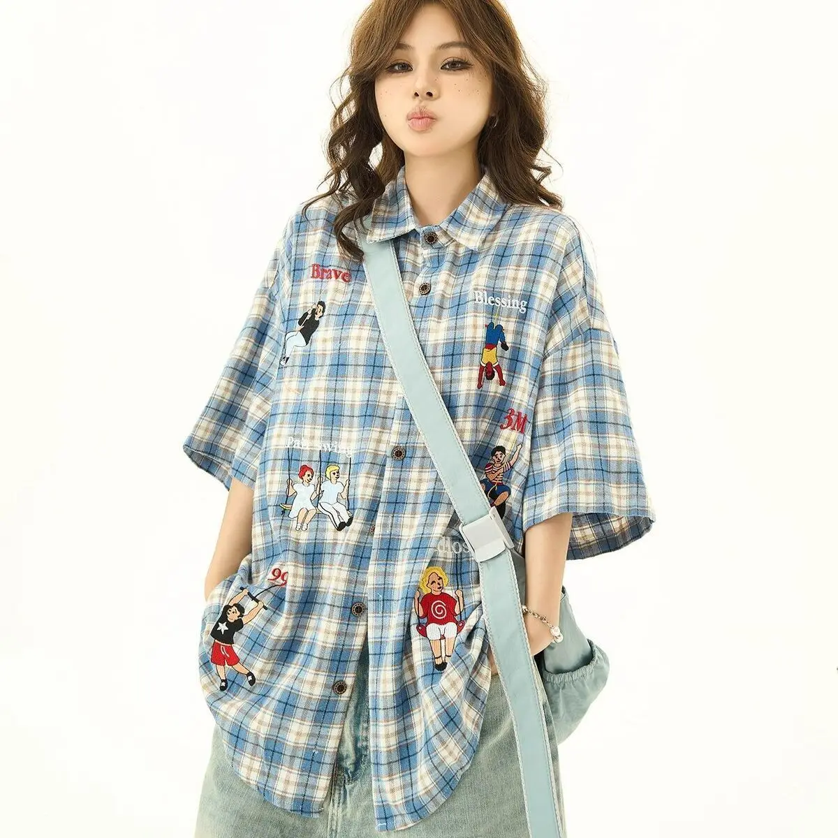 

Women's Sweet Checkered Short Sleeved Shirt Summer Niche Design Casual Female Cartoon Embroidery Loose Casual Top