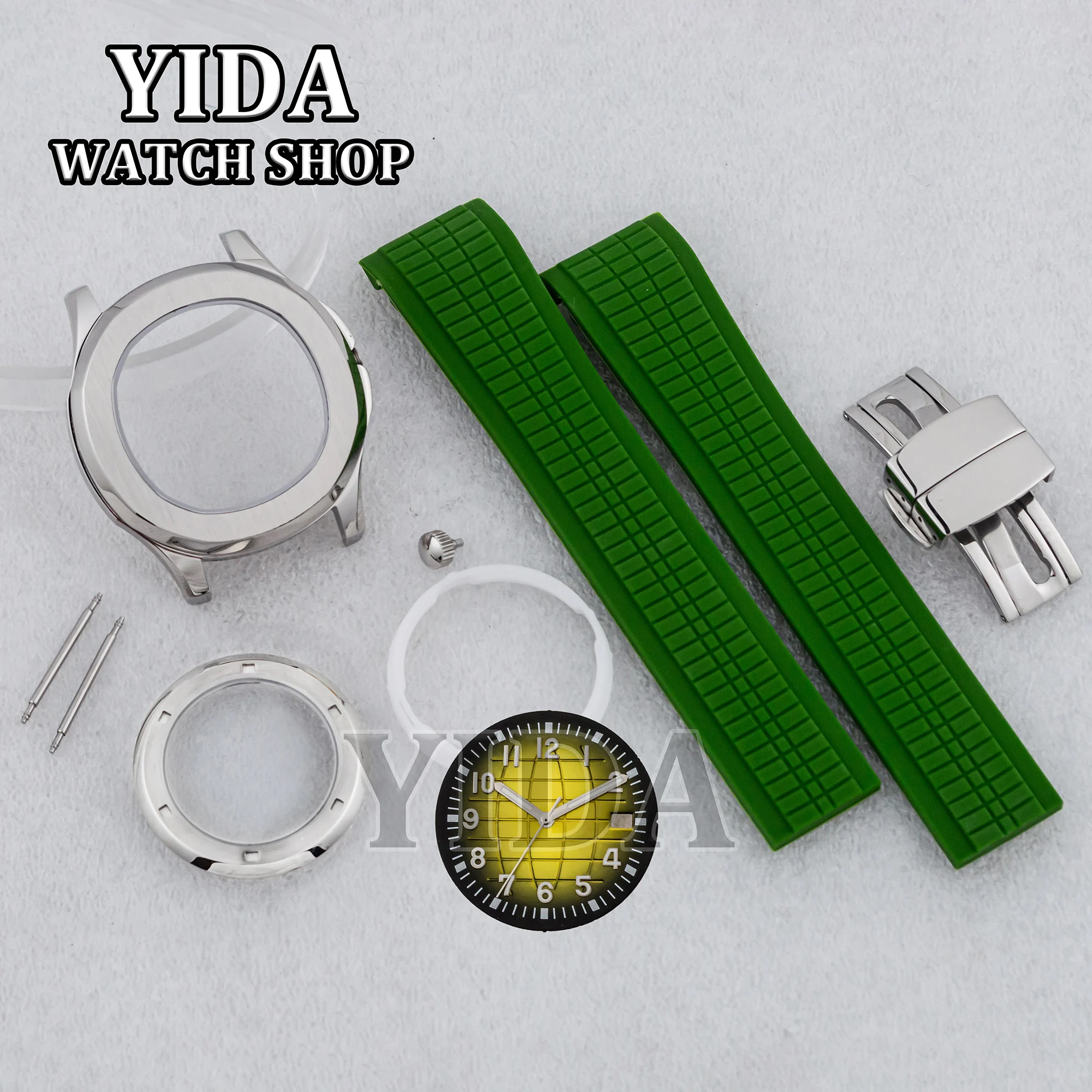 Caja de reloj de acero inoxidable de 42MM, correa de goma verde, manecillas con Esfera luminosa de 32MM para accesorios de movimiento AQUANAUT Nautilus NH35 NH36