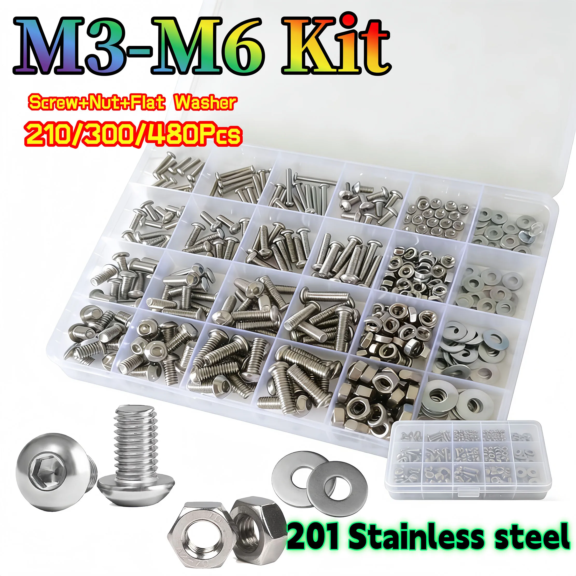 210/300/480Pcs Set ISO7380 Hex Hexagon Socket Button Head Screw M3M4M5M6 Stainless Steel Allen Screws Bolts with Nuts Washer Kit
