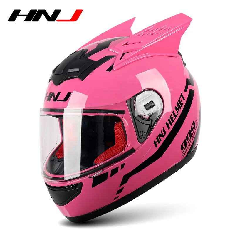 NONE Hnj Männer Motorrad helm Frauen Voll gesichts helm Reiten Persönlichkeit Horn rosa Helm Punkt Zertifizierung Casco Moto 6