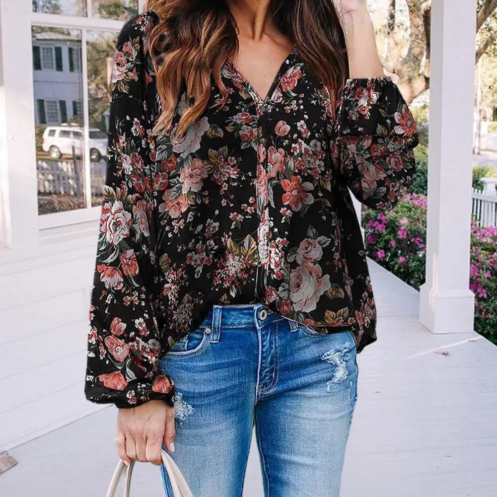 Soft Stretchy Women Shirt Women Shirt Bohemian Floral Print V Neck Spring Shirt for Women with Elegant Lantern Sleeves Soft