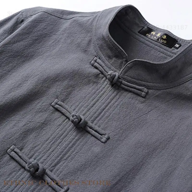Plus Size 3XL-6XL Male Shirt Jacket Chinese Style Cotton Linen Long Sleeve Tang Suit Kung Fu Shirt Cardigan Coat Oriental Hanfu