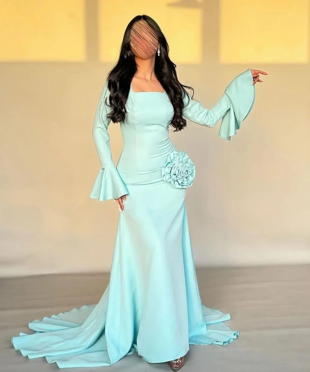 

Turquoise Long Sleeves Bespoke Occasion Gown Evening Dresses Pastrol Unisex Jersey Retro Dubai Saudi Arabic Prom Customized