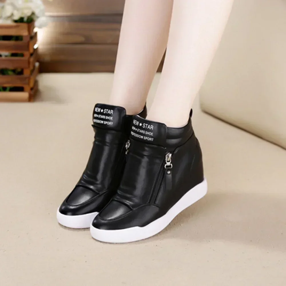 Women Casual Sneakers Leather Platform Wedge Boots Hidden Heel Increase Woman Chunky Side Zipper Vulcanized Hip Top Shoes