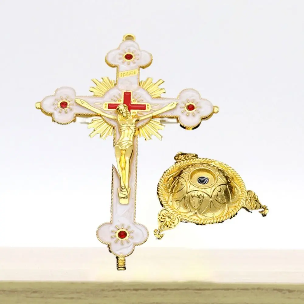 Exquisite With Stand Church Cross Ornaments Handmade Durable Alloy Cross Ornaments No Fading Plated Gold Statue Car Ornaments