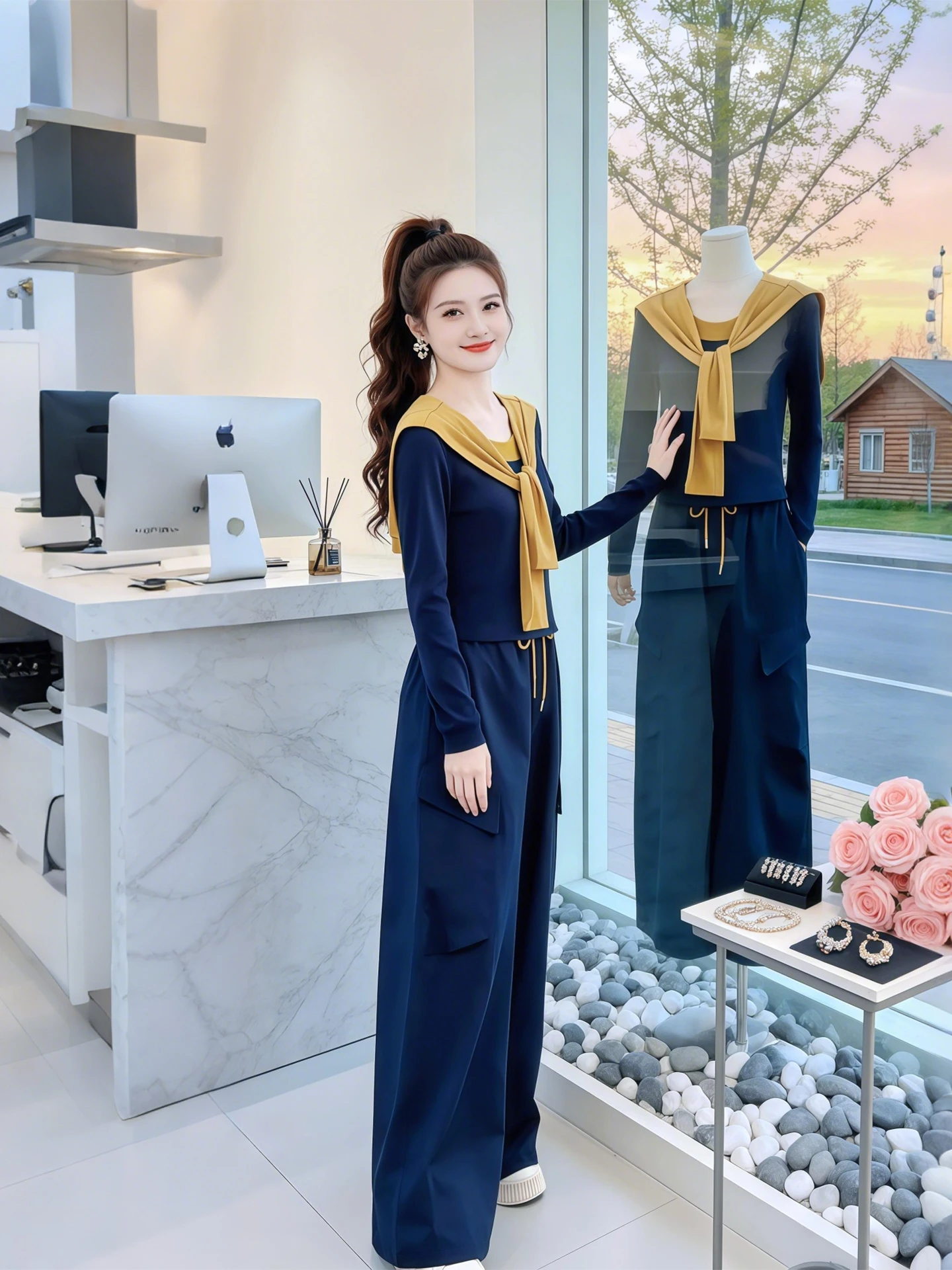 

Korean Style Slimming Two-Piece Set Women's Long Sleeve T-Shirt Wide Leg Pants Shoulder Wrap Neckline Spring Fashion Ensemble