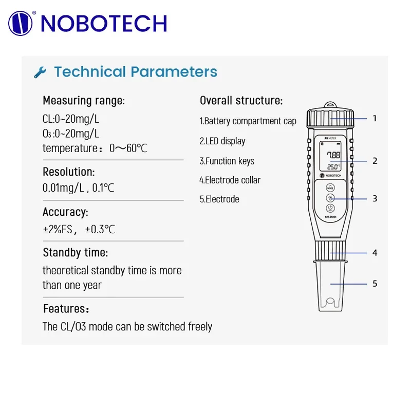 NOBO NPT-CLOZ801 Water Ozone/Residual Chlorine meter Pen 2-in-1 water residual chlorine test  digital chlorine meter