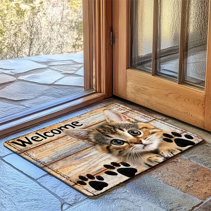 1pc Adorable Kitten Welcome Door Mat Non-Slip Indoor Rug for Kitchen, Bathroom Living Room Bedroom Entrance Decorative Rugs