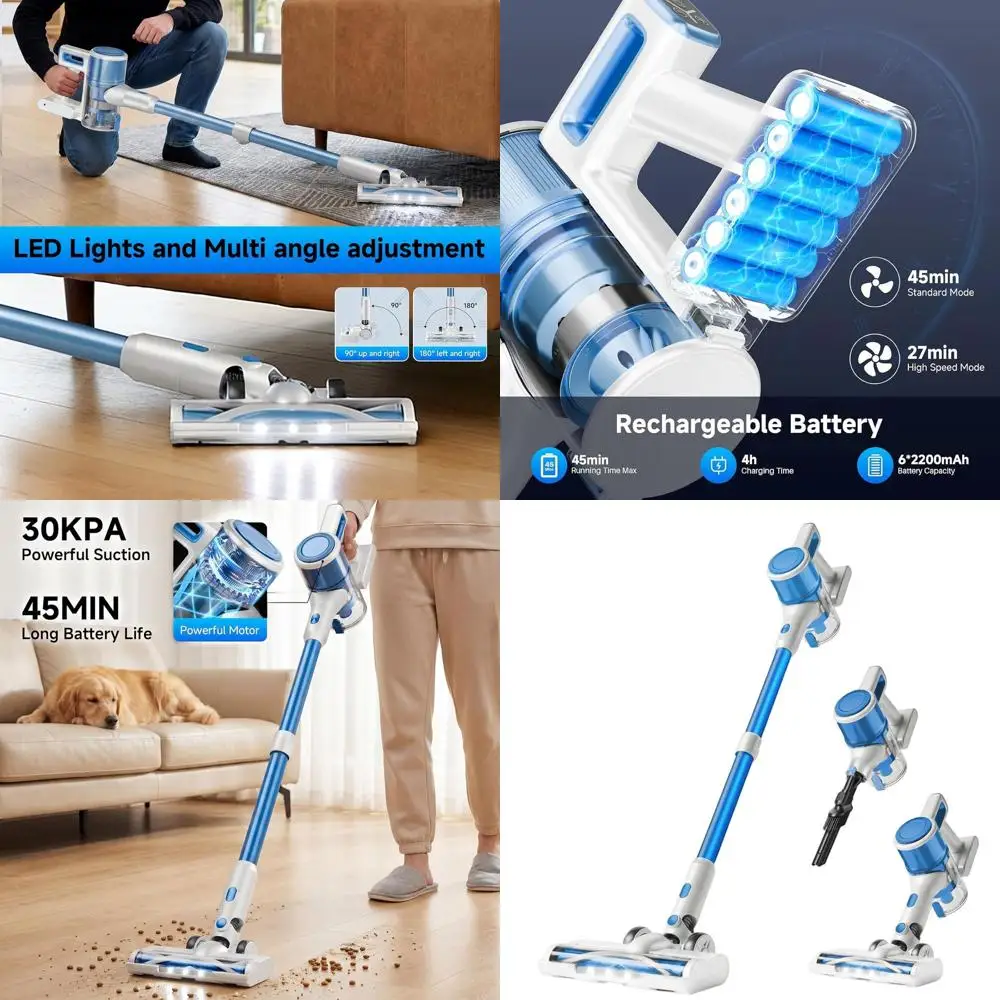 

Lightweight Stick Vacuum Cleaner with Rechargeable Battery, Up to 45 Minutes Runtime, 8-in-1 for Home and Pet Hair, Blue & White
