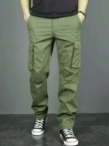 Imagen 2 del producto Pantalones de trabajo informales con múltiples bolsillos para hombre, corte holgado y cinturilla con cordón, adecuados para senderismo, pesca y exploración al aire libre