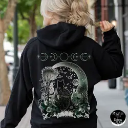 Black Cat Whimsigoth Halloween Cat Hoodie Witch Hoody Top Women Vintage Dark Academic Tops Fleece Casual Basic Sweatshirts