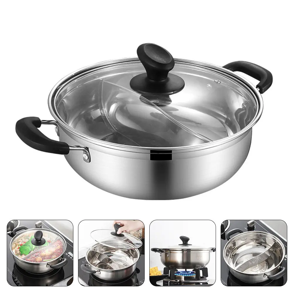 1Pcs Stainless Steel Two Flavor Hot Pot with Anti Scald Handle Dual Grid Design Fast Heat Conduction Household Kitchen Cooking