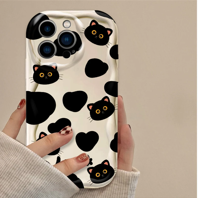 Creative Black Cat Cartoon Wavy Phone Case for IPhone 17 16 15 14 13 12 11 Pro Max Plus 17Air 16E XR XS X 7 8 Shockproof Cover