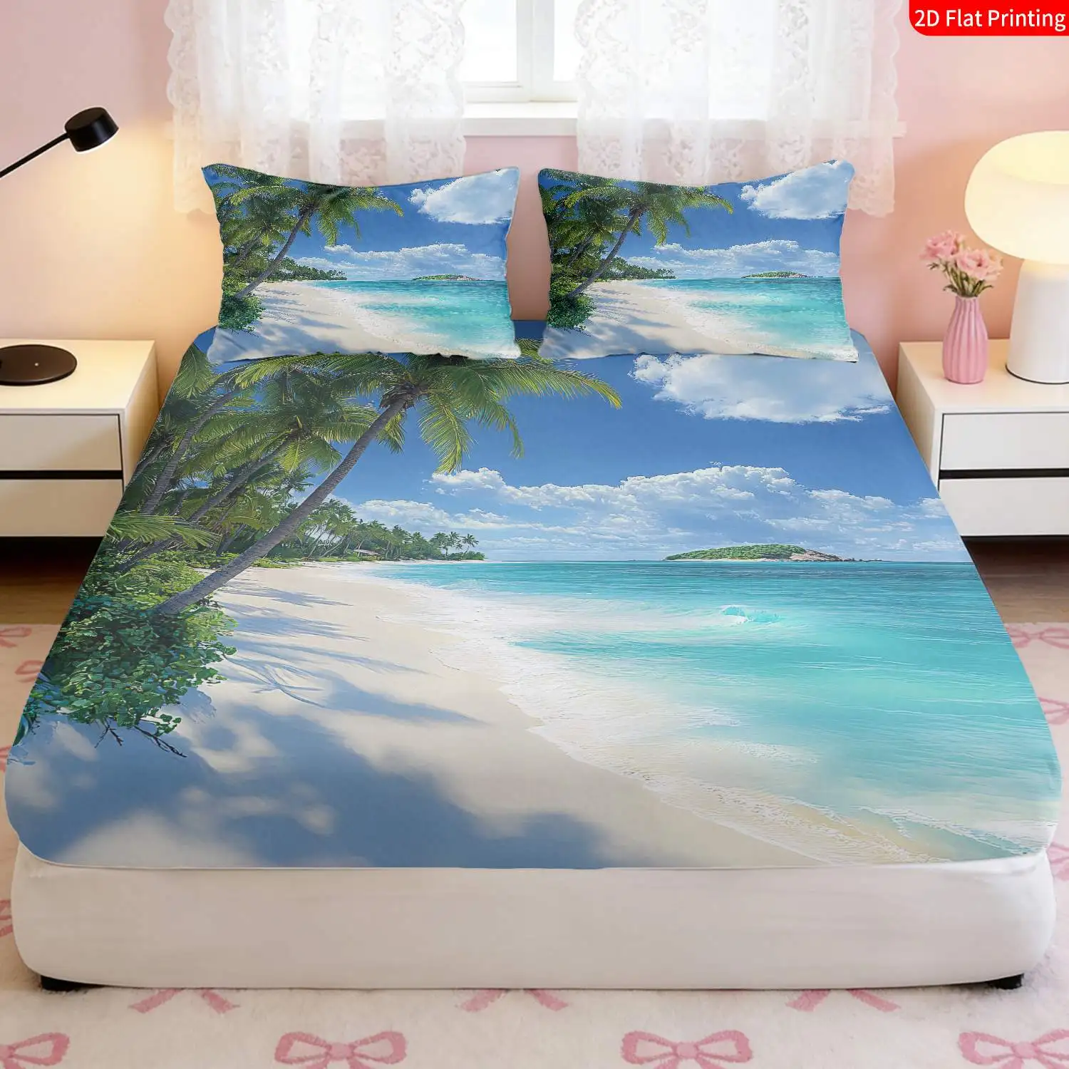 3-Piece Mattress Protector Set, Tropical Beach Bedding, Suitable for Summer Vacation - Turquoise White Palm Tree and Sea Wave Print Fitted Sheet and Pillowcase, Mattress Protector, Stain-Resistant, Mattress Cover, Suitable for All Seasons, Machine Washable, Easy to Care For, Suitable for Home Bedroom, Essential for Dormitories and Rentals, Master Bedroom Decoration, Dust-Proof and Stain-Resistant, High Elasticity, Fits Various Sizes