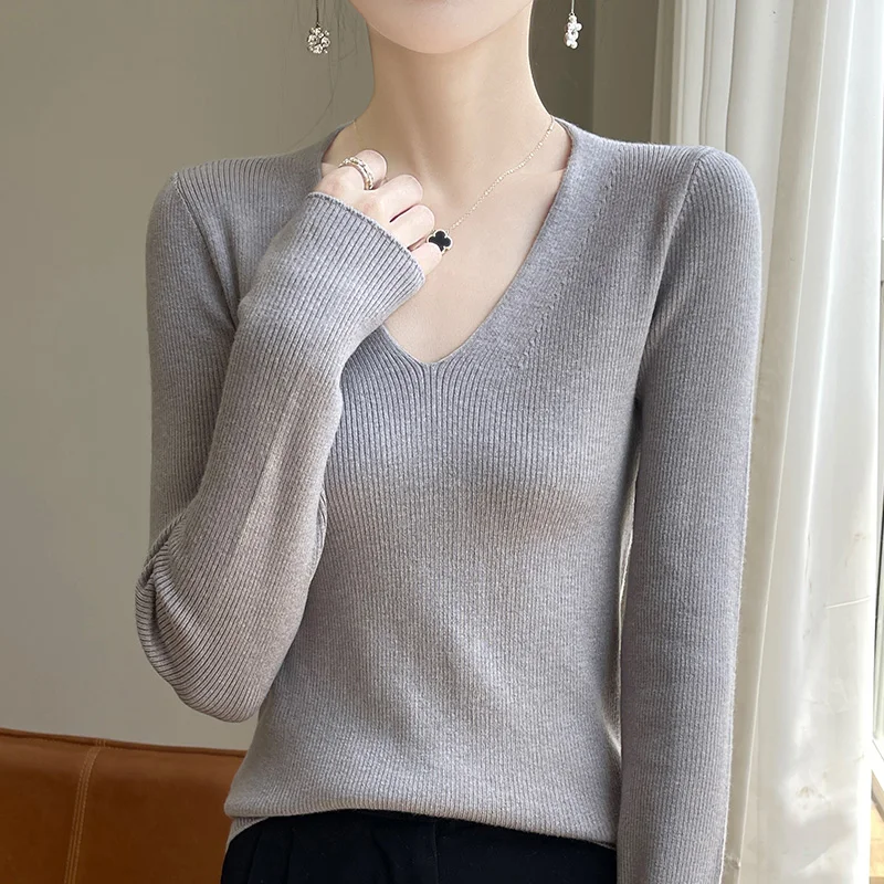 الربيع والخريف الخامس الرقبة الصوفى الصوف ضئيلة سترة السيدات رقيقة قاع قميص جديد طويل الأكمام لينة بلوزة جوكر متماسكة البلوفرات