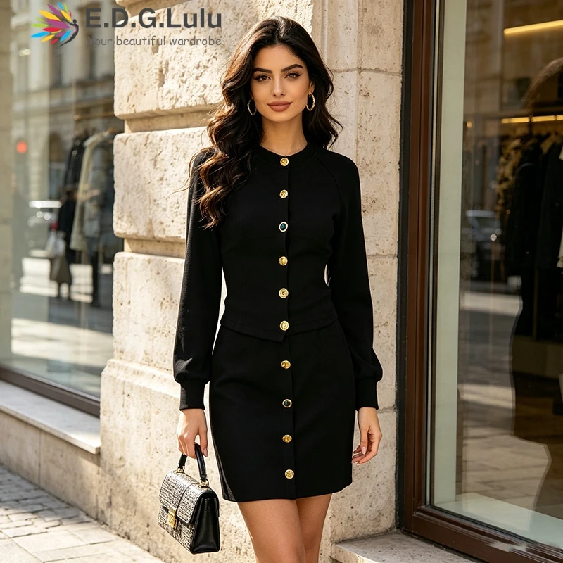 EDGLuLu 2 Pieces Set For Woman Round Neck Single Breasted Top+High Waisted Mini Skirt Black White Suit New 0623