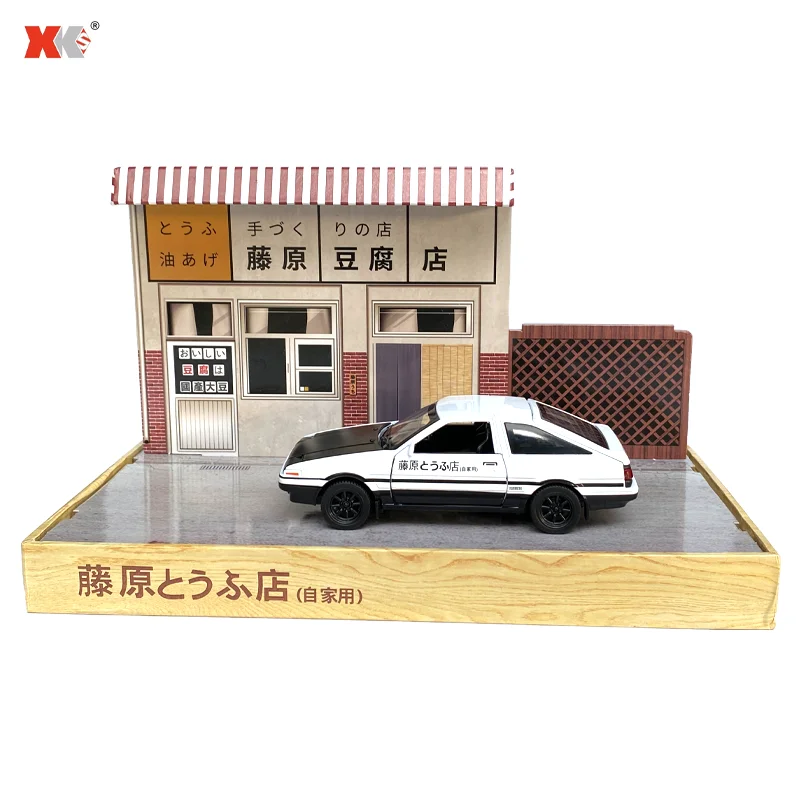 Initial D Toyota AE86 Alloy Car Model 1/32 Initial D Fujiwara Tofu Shop Scene Model with Pull Back Metal Toy Car Gifts for Boys