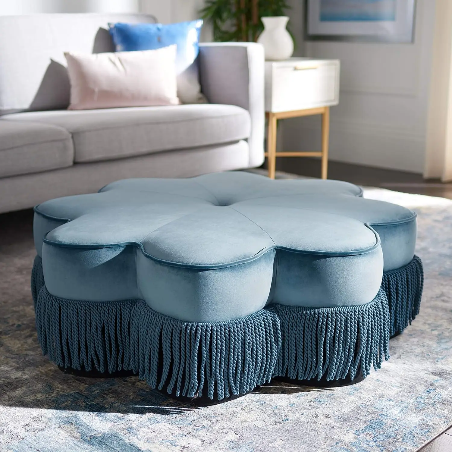 Safavieh Home Tanith Dusty Blue Velvet Flower Ottoman