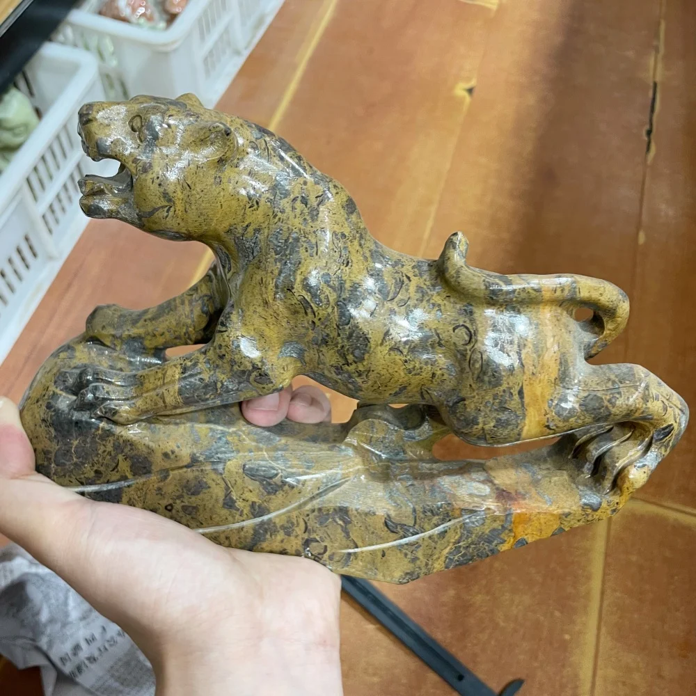 Natural Mountain Yellow Flower Jasper Leopard Carving Animal Sculpture Home Office Desktop Decor Wealth Ornament Gift