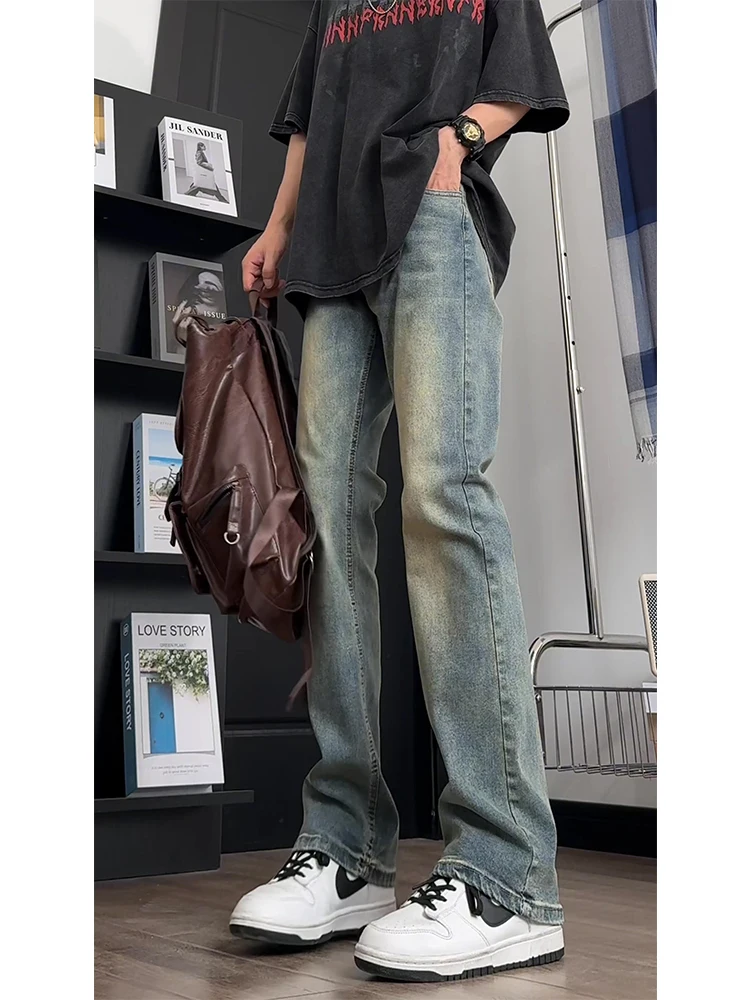 

Retro Stretchy Jeans Men's Summer Thin Straight Leg Slim Fit Long Version Blue Bell Bot Youthful Trendy Cotton Stretch Denim
