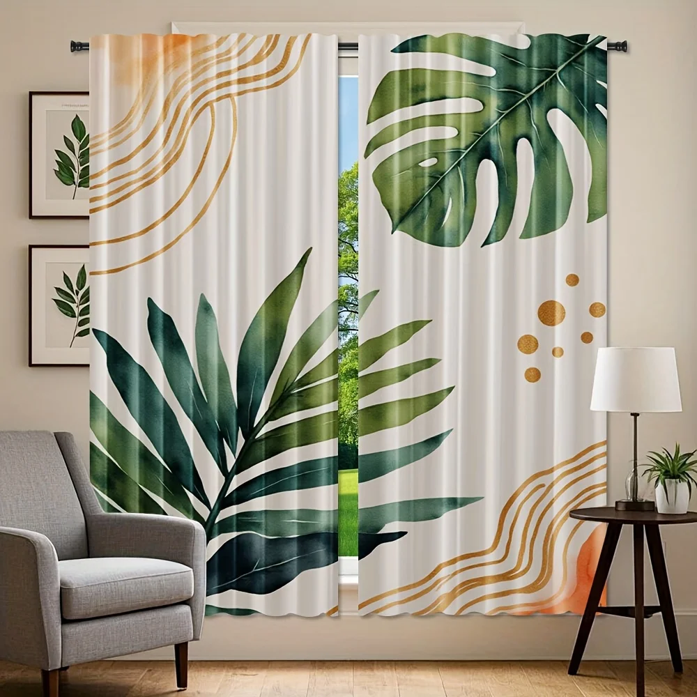 قطعتان، ستائر مطبوعة بأوراق استوائية كلاسيكية مستوحاة من الألوان المائية مع تصميم جيب قضيب، بوليستر لغرفة المعيشة والمنزل #2