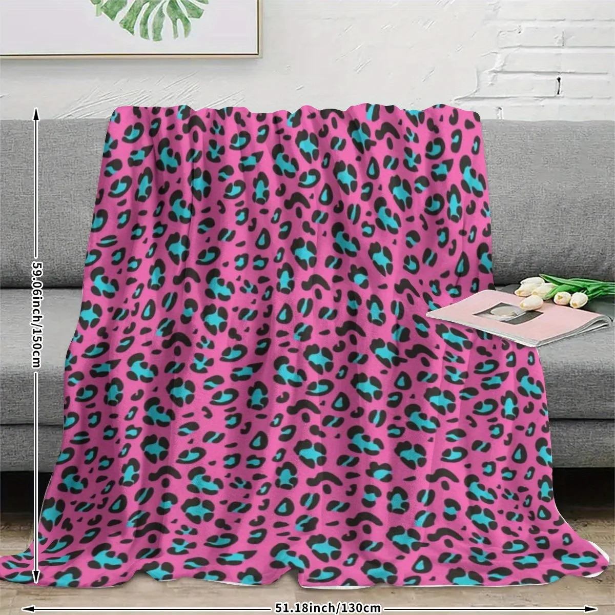 2D Flat Printing, 1pc Trendy Individual Style Blanket, Printed Rose Pink Blue-Toned Leopard Print Nap Mat, Suitable for Sofa, Be