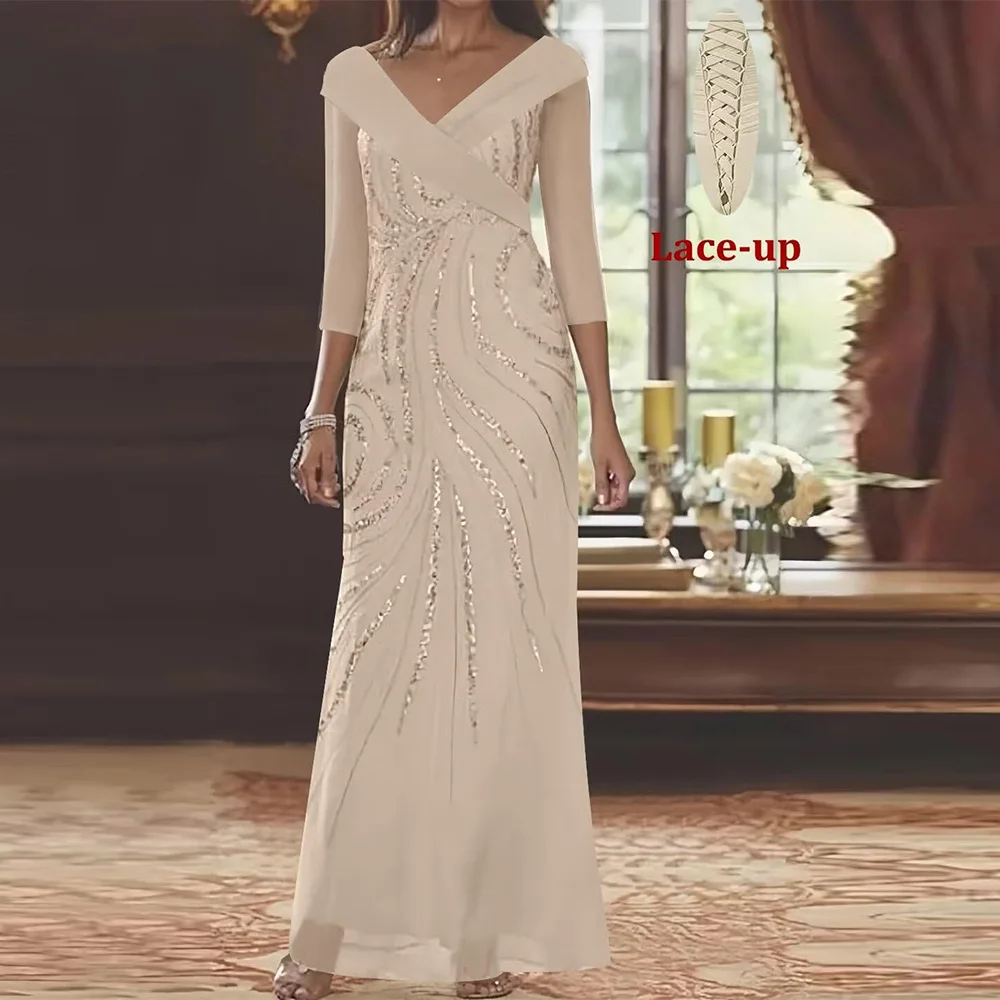 

Customized Beaded Sequin Mother of The Bride Dresses for Women with Sleeves V Neck Chiffon Long Formal Evening Party Gown