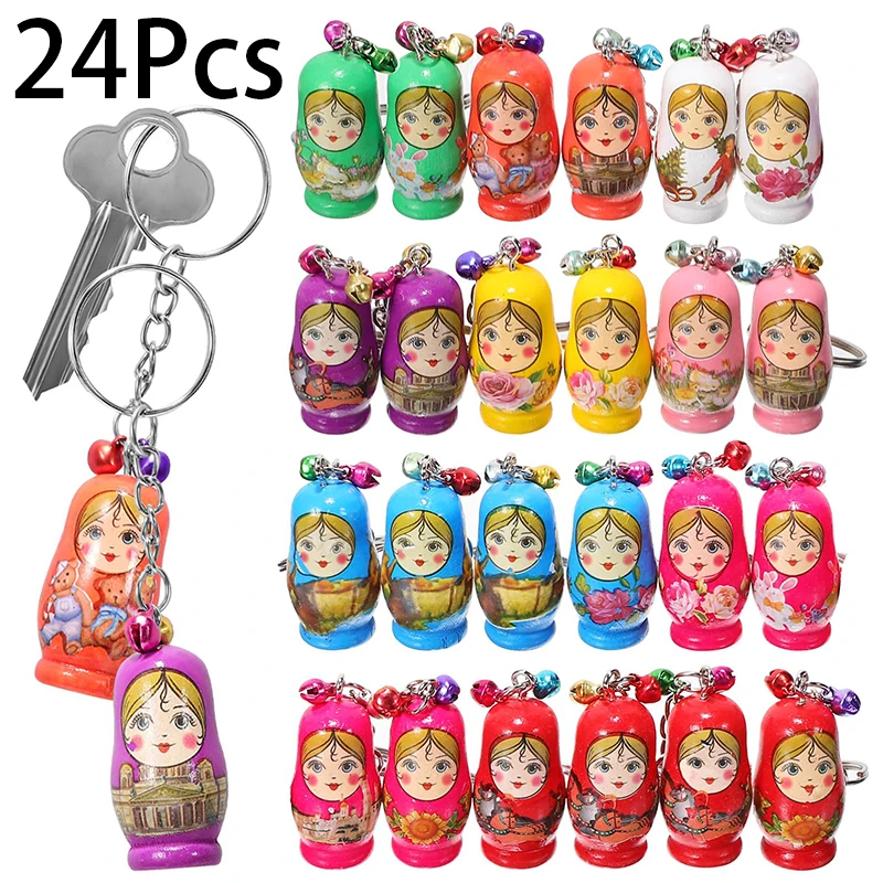 24Pcs Wood Matryoshka Dolls Pendant Russian Nesting Doll Wooden Key Chain For Kids