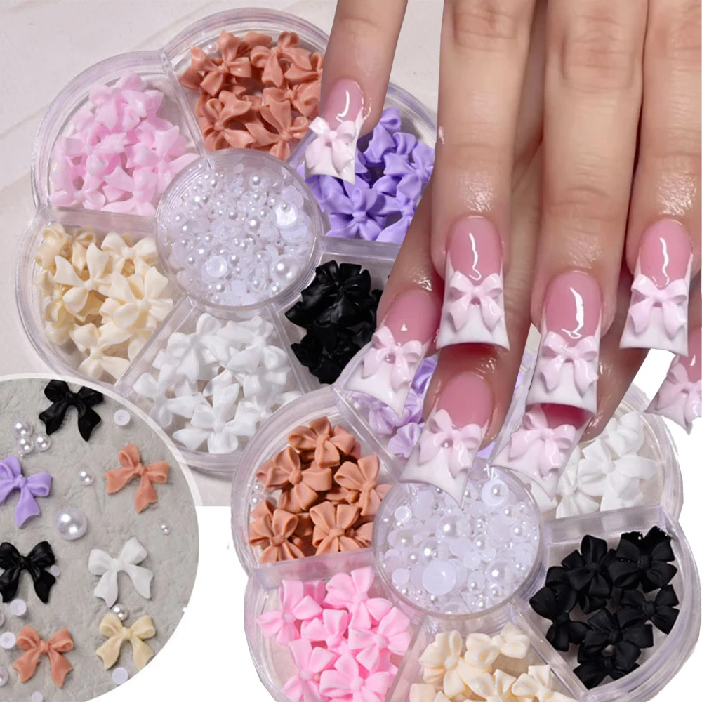 

7Grids Resin Ribbon Bow Pearl Nail Charms 3D Pink White Black Kawaii Bowknot Nail Art Decoration Korean Style Manicure Accessori