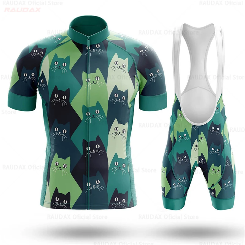 Men\'s Cycling Clothes Funny Cartoon Cat Summer Short Sleeves Cycling Jersey Set Breathable Quick Dry Sportswear Maillot Ciclismo