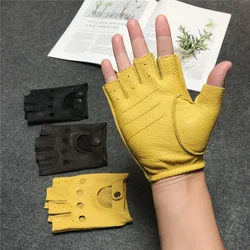 Guantes de medio Dedo de piel de oveja para hombre, guantes cómodos sin dedos, antideslizantes, color negro, amarillo, café, motocicleta, Fitness