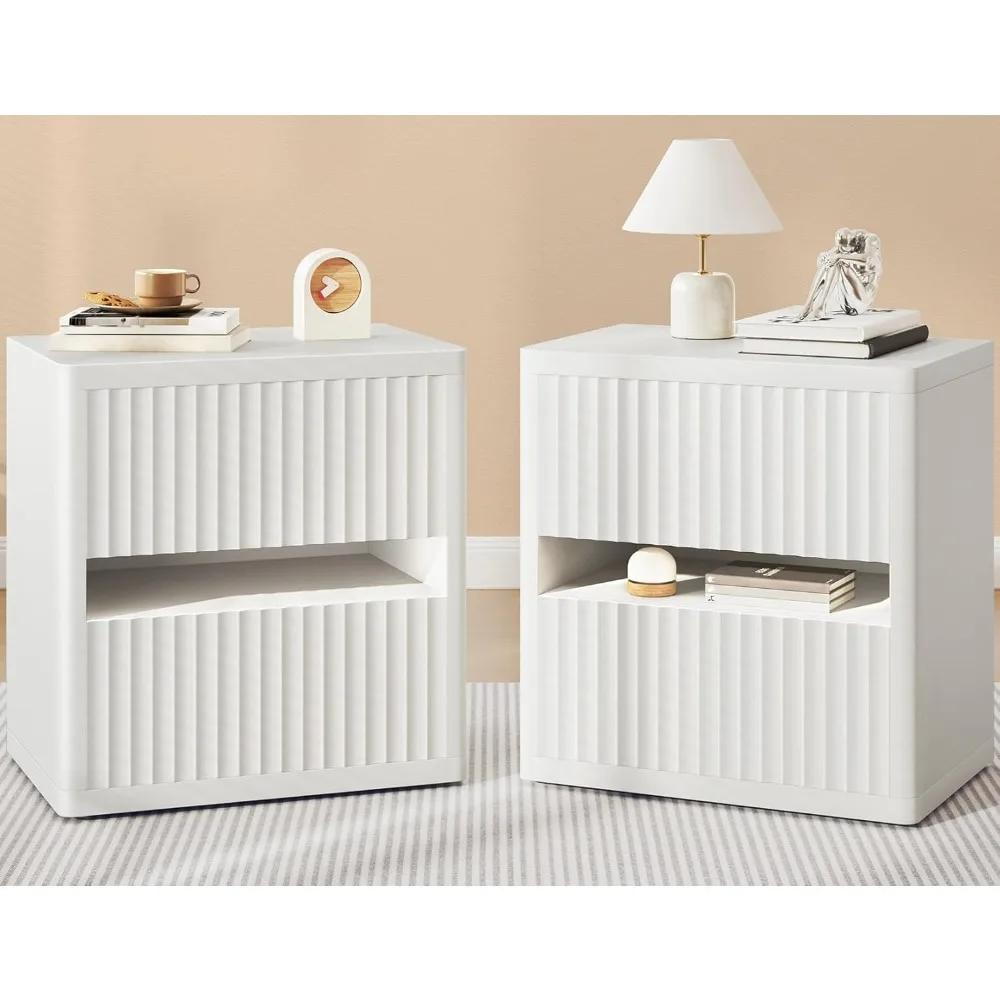 Fluted Nightstand with 2 Drawers, Large Wide Wood Night Stand Bedside Tables for Bedroom, Mid-Century Modern Storage Bed Side T
