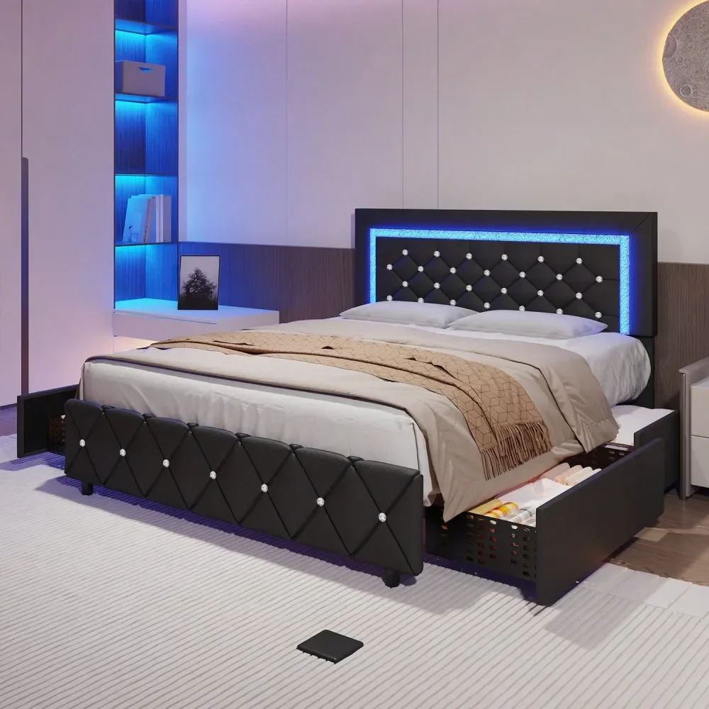 

Full Queen Bed Frame With Drawers, Upholstered Bed Frame With LED Lights, Modern Platform Bed Frame With Headboard And Footboard