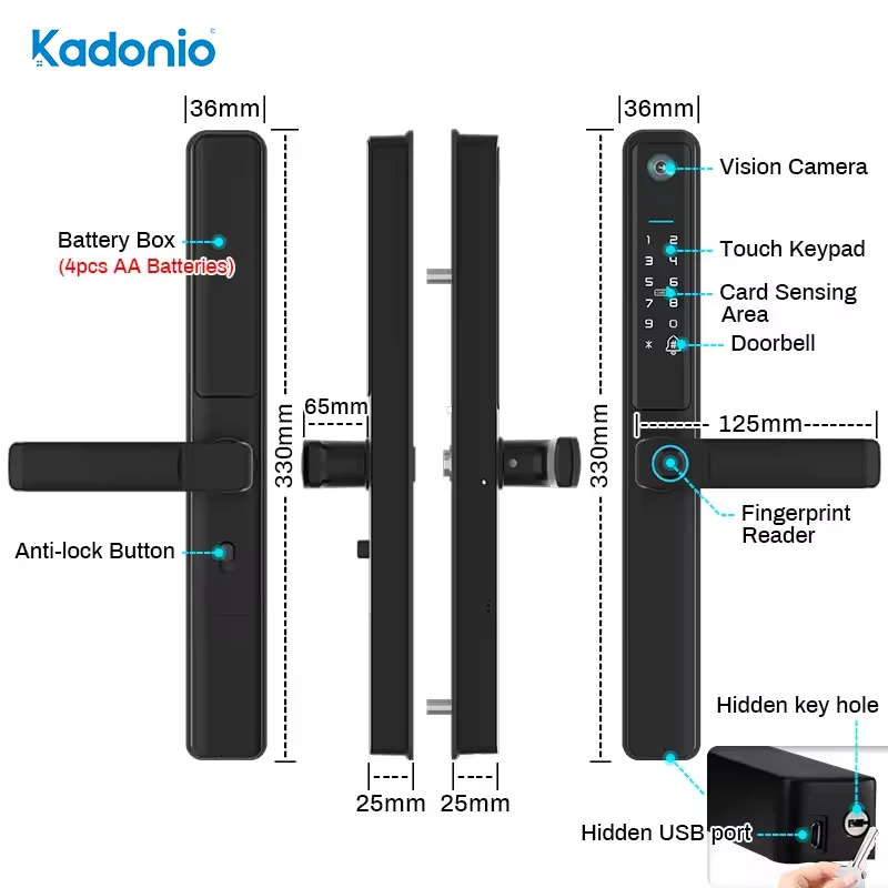 Kadonio-Serrure intelligente extérieure, empreinte digitale, mot de passe, IP66, étanche, carte à puce numérique, serrures de porte avec caméra