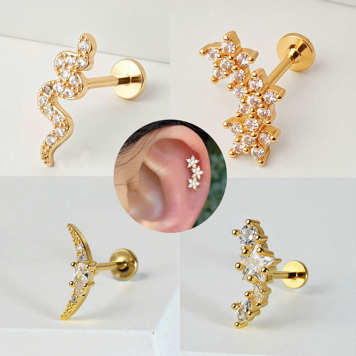 1PC 316 Stainless Steel Snake Moon Star CZ Internal Thread Piercing Stud Cartilage Helix Daith Conch Flat Standard Earrings 18G