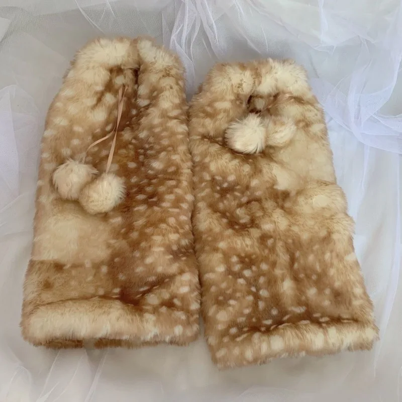 

New Lolita Faux Fur Leg Warmers Deer Print Plush Boot Socks Cover Kawaii Animal Cosplay Stockings for Winter Christmas Costume