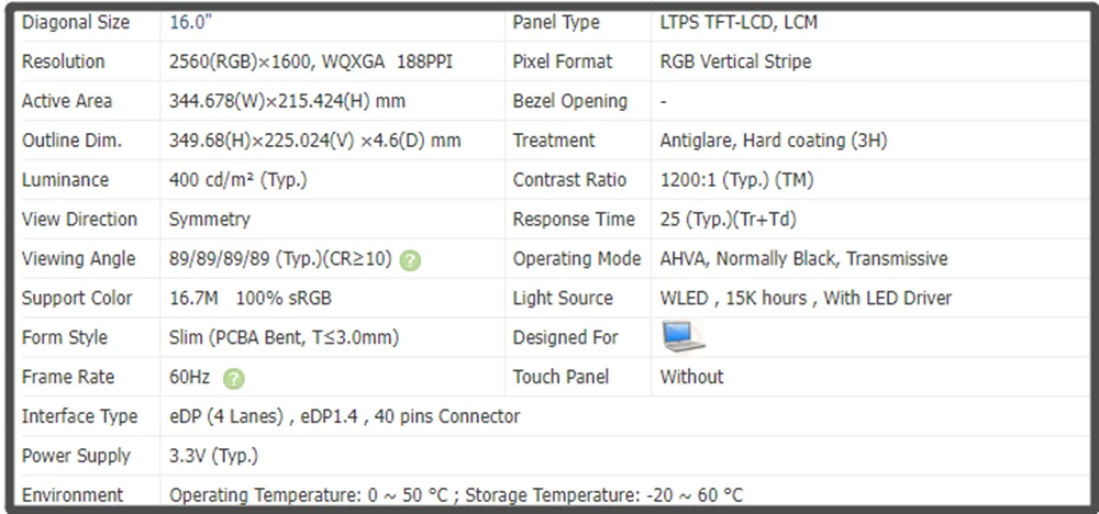 B160QAN02.M 16.0 inch LCD LED Screen Display IPS Panel QHD 2560x1600 60Hz EDP 40pins Non-touch