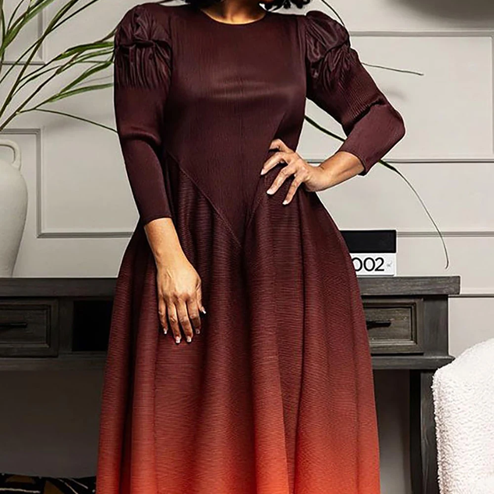 Plus size women's formal dress coffee slim fashion gradient long sleeve maxi dress