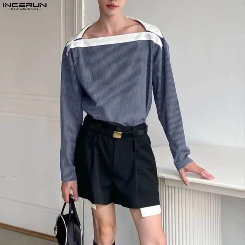 INCERUN Men Shirt Striped Patchwork Boat Neck Long Sleeve Men Clothing Loose Personality Streetwear Fashion Casual Male Tops